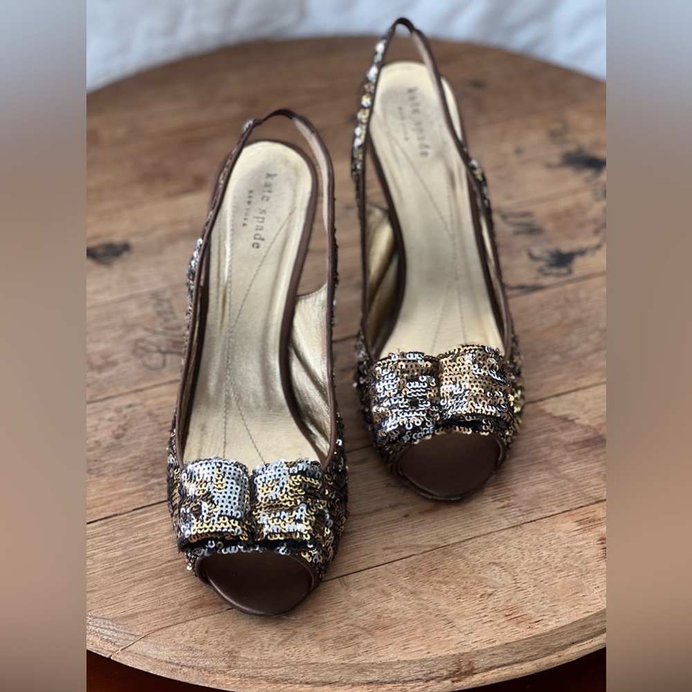 Kate Spade Women’s multicolored Sequin Slingback Peep-toe Pumps.  3 inch heel
